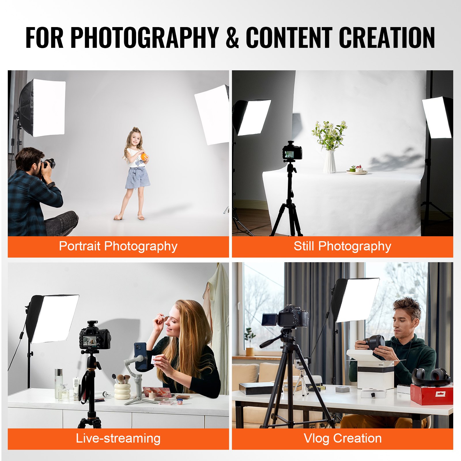 VEVOR Softbox Lighting Kit, 16" x 16", Professional Softbox with 45W LED Bulbs, 3000-6500K Adjustable Color Temperature, Tripod Stand, Remote Control, Studio Lights for Portrait shooting, Live Streaming