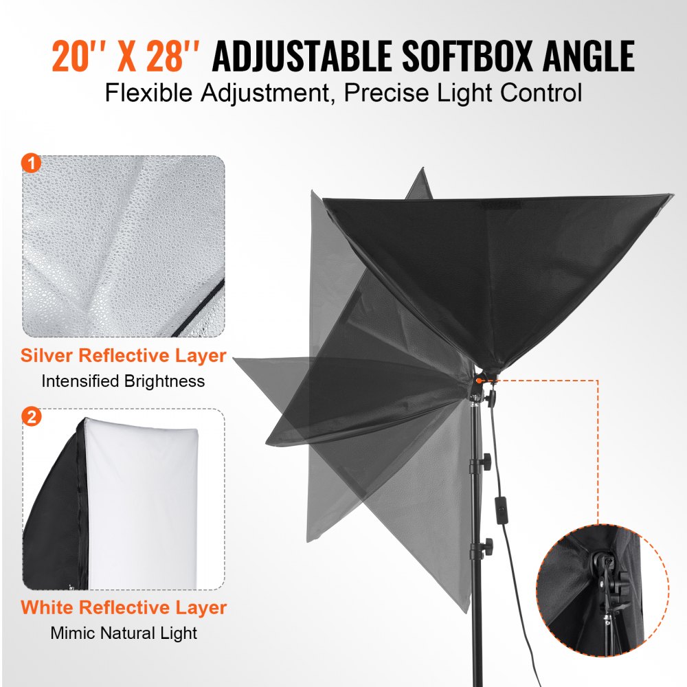 VEVOR Softbox Lighting Kit 50x70 cm / 20x28 in 30W 5500K LED Bulbs Adjustable Stand