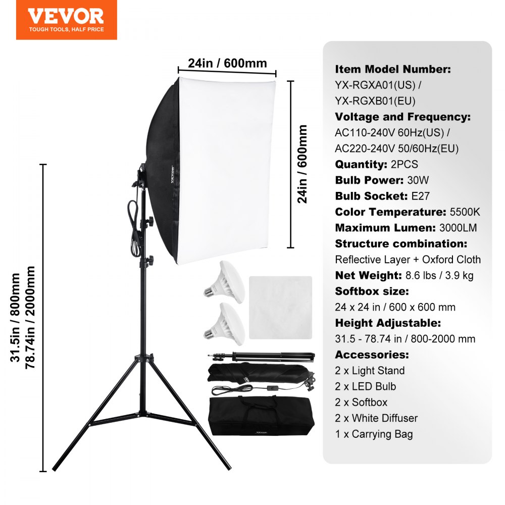 VEVOR Softbox Lighting Kit 60x60 cm / 24x24 in 30W 5500K LED Bulbs Adjustable Stand