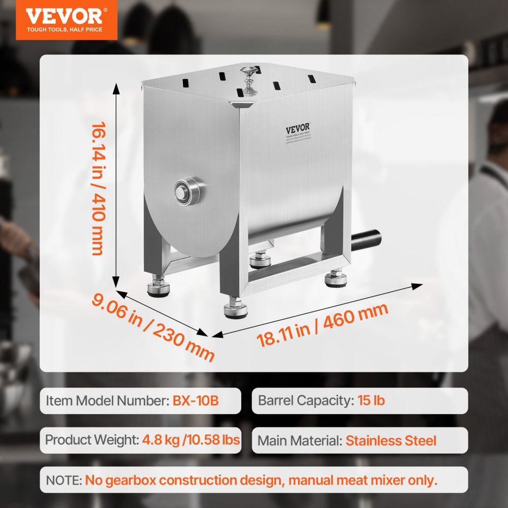 VEVOR Manual Meat Mixer, 15L Fixed Tank Meat Processing Equipment(Mixing Maximum 15LBS for Meat), Stainless Steel Meat Mixer, Sausage Mixer Machine with Lid and Handle, Ground Beef Hand Mixer
