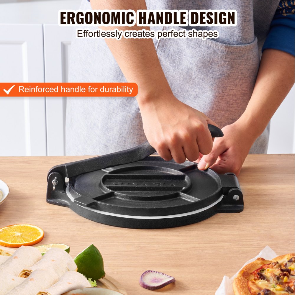 person using a VEVOR tortilla press with an ergonomic handle design on a kitchen countertop.