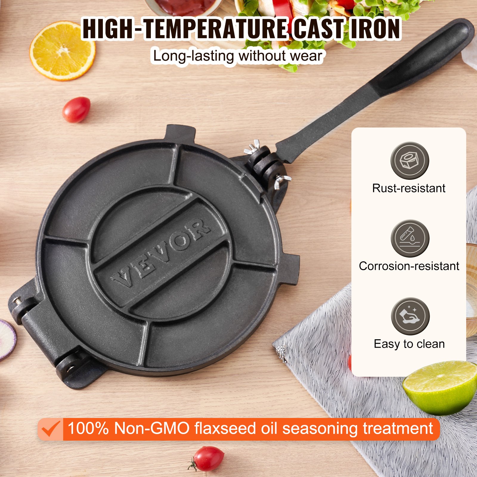 VEVOR tortilla press made of high-temperature cast iron, rust-resistant, corrosion-resistant, easy to clean.