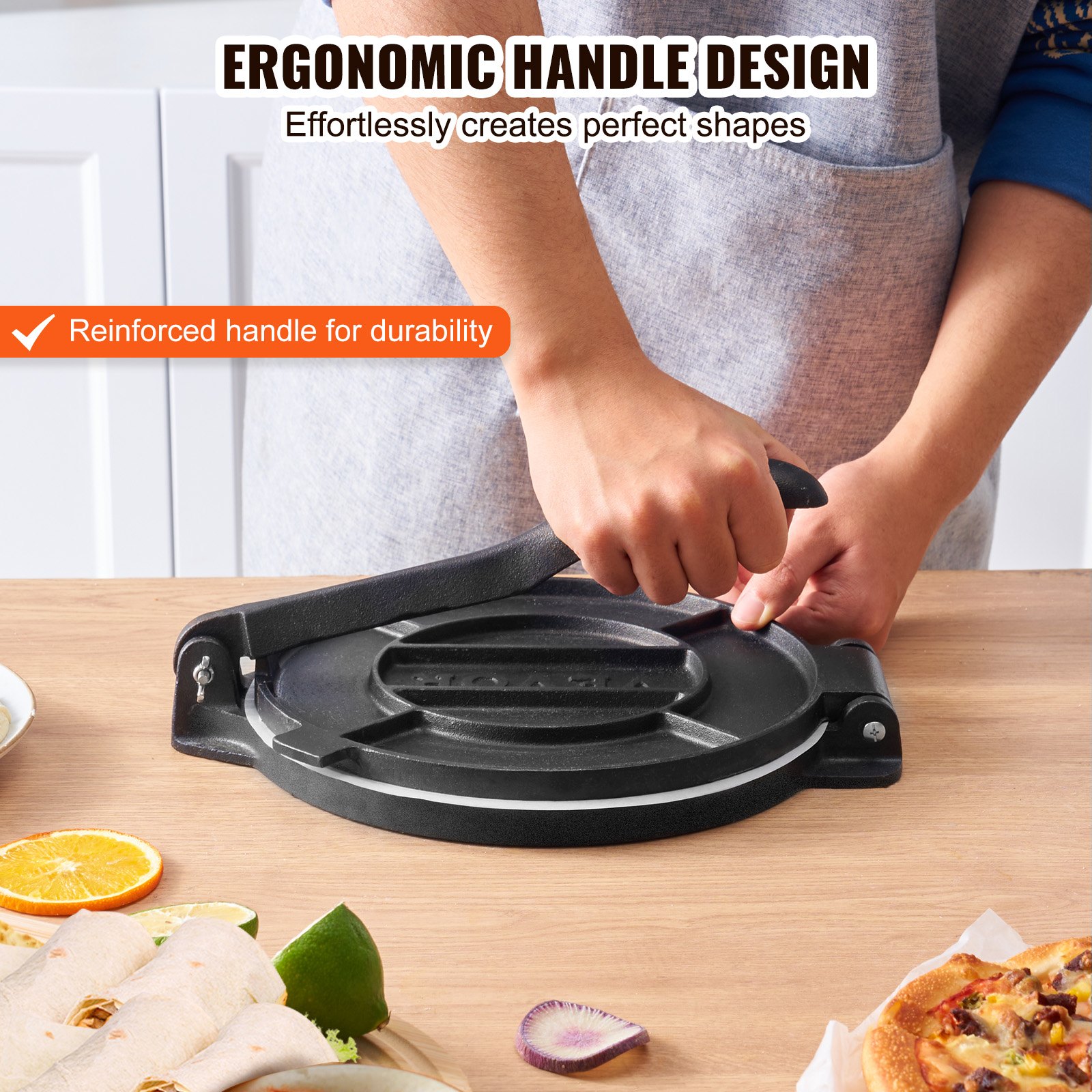 person using a VEVOR tortilla press with an ergonomic handle design on a kitchen countertop.