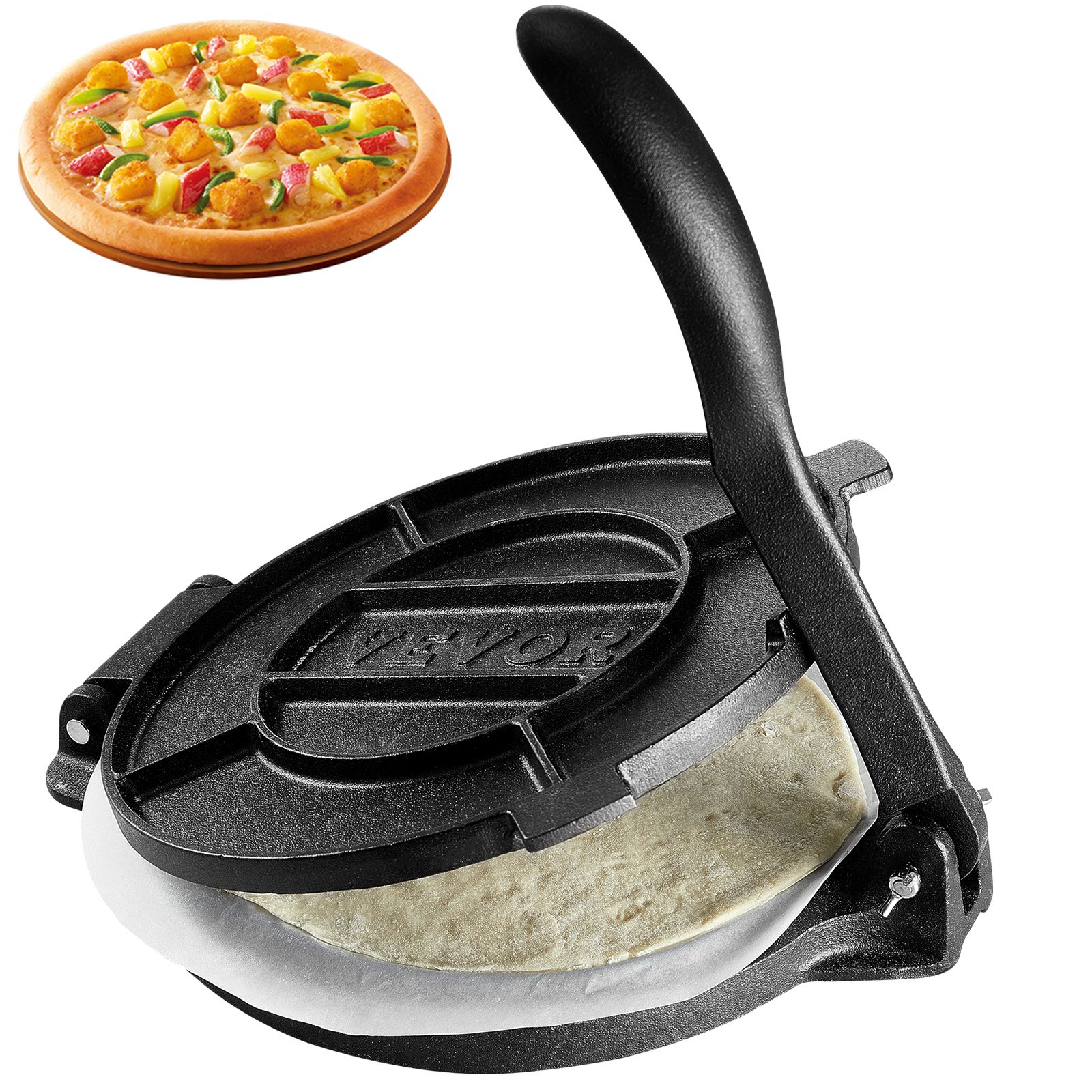 VEVOR tortilla press with a freshly pressed tortilla and a pizza with various toppings.