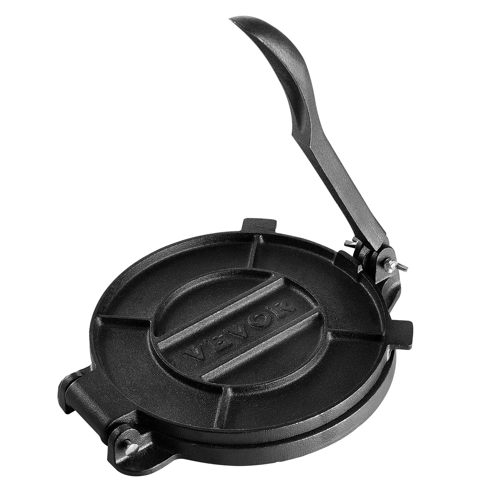 VEVOR tortilla press with black cast iron finish and lever handle, ideal for making tortillas.