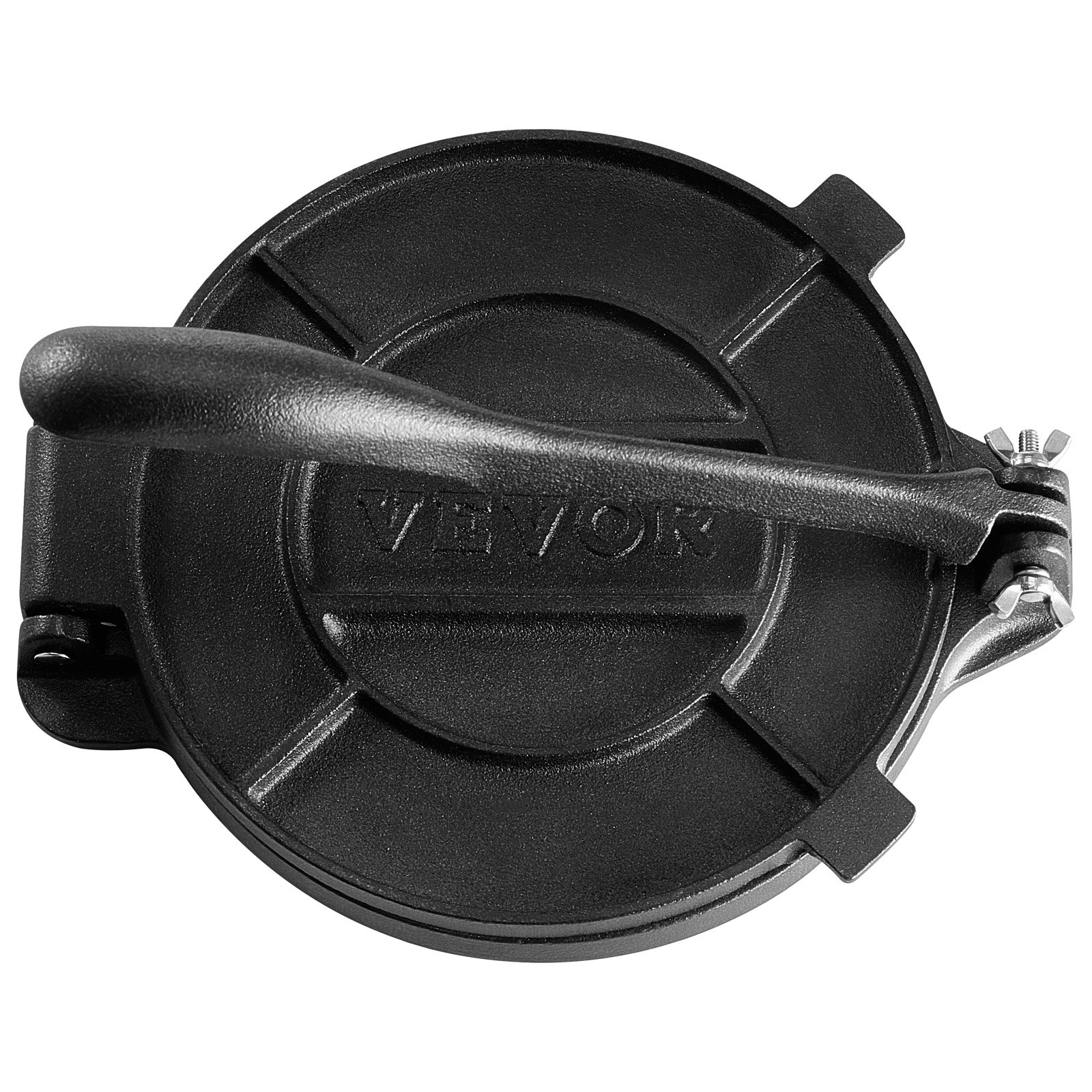black VEVOR tortilla press with handle, top-down view showcasing brand logo embossed on the surface.