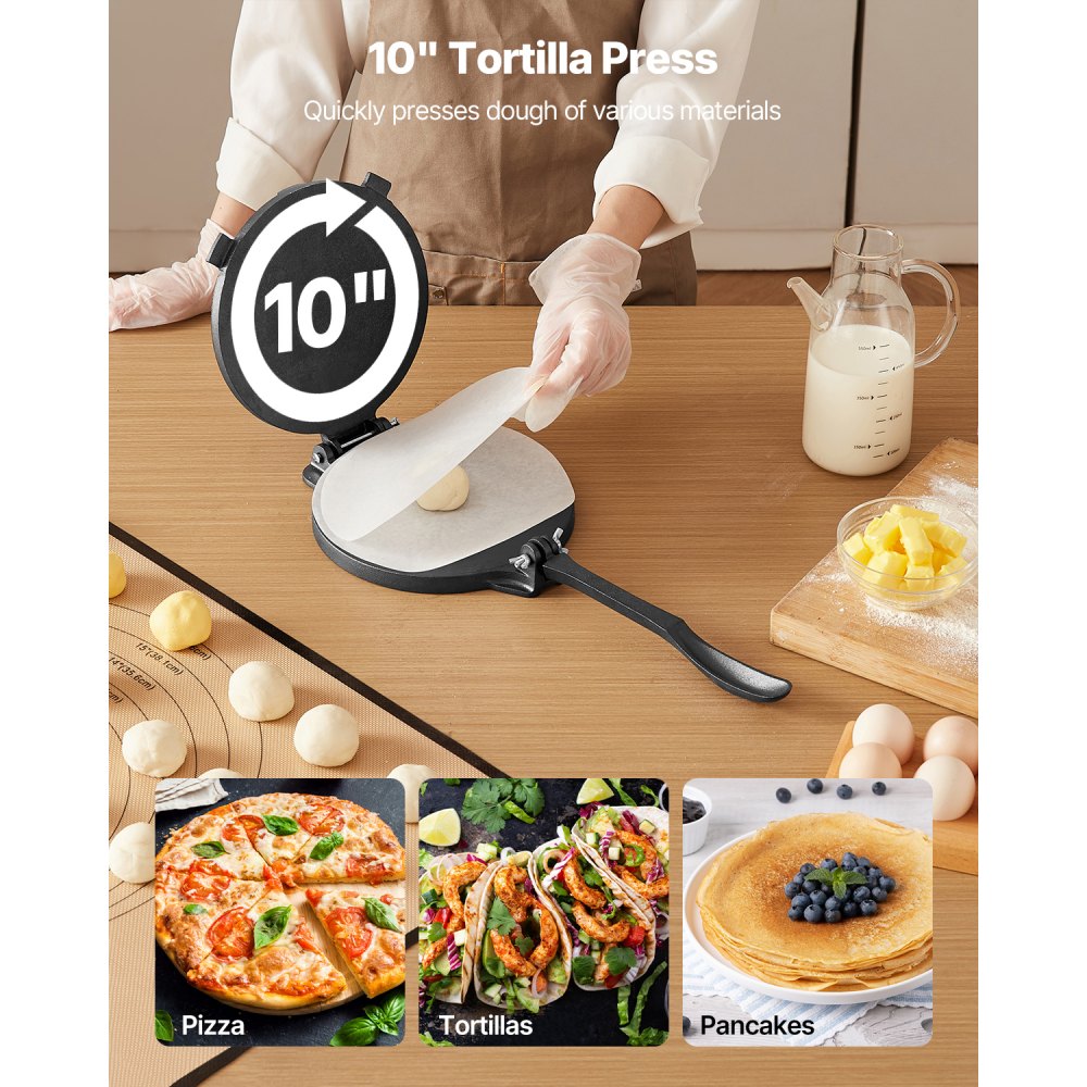 VEVOR Tortilla Press, 10 Inch Cast Iron Tortilla and Roti Maker, Heavy Duty Tortilladora Press, Pataconera Makers with Handle and 100 Pcs Parchment Paper, Dough Taco Press for Flour Tortilla, Tawa