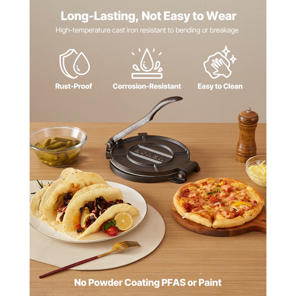VEVOR Tortilla Press, 10 Inch Cast Iron Tortilla and Roti Maker, Heavy Duty Tortilladora Press, Pataconera Makers with Handle and 100 Pcs Parchment Paper, Dough Taco Press for Flour Tortilla, Tawa
