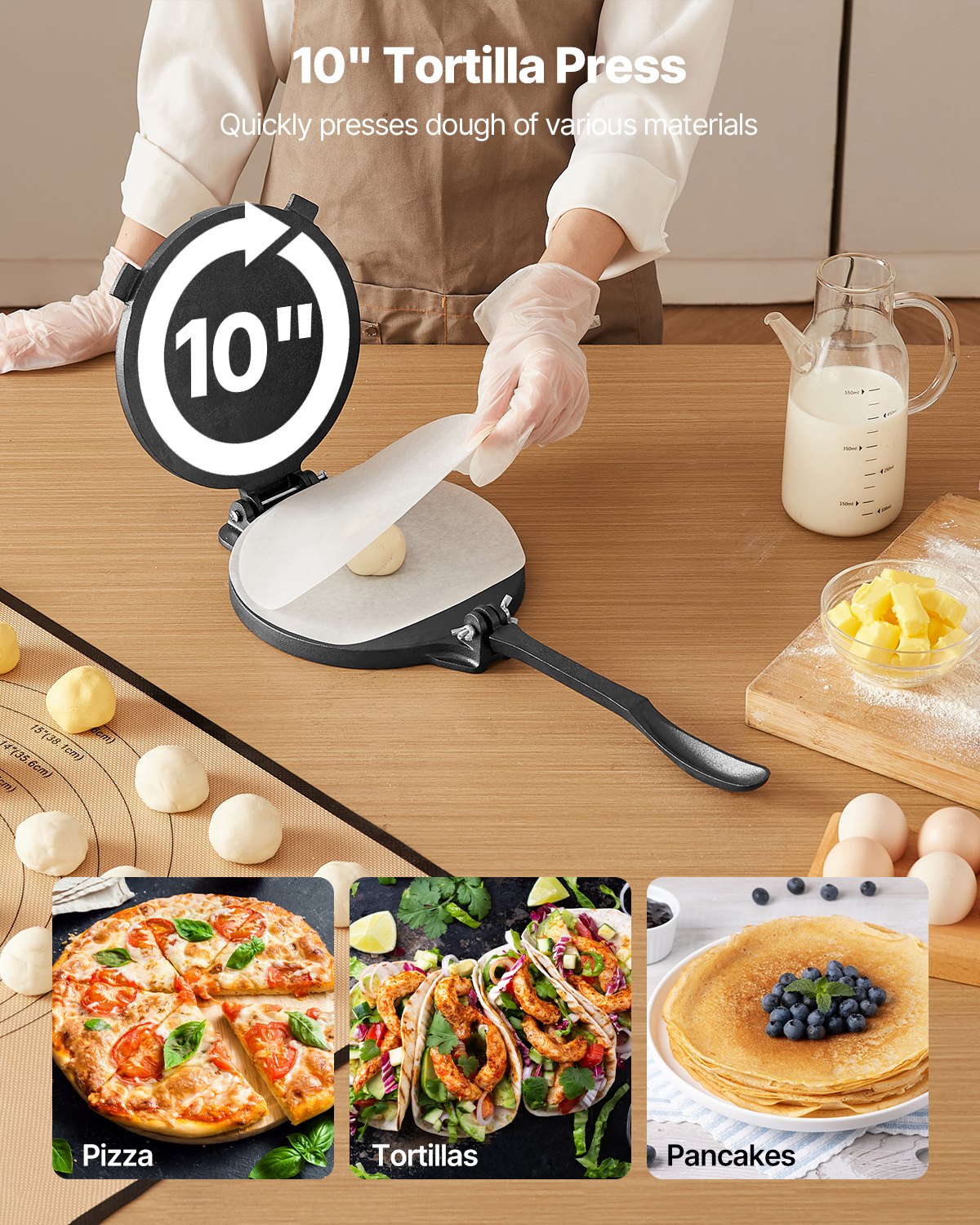 VEVOR Tortilla Press, 10 Inch Cast Iron Tortilla and Roti Maker, Heavy Duty Tortilladora Press, Pataconera Makers with Handle and 100 Pcs Parchment Paper, Dough Taco Press for Flour Tortilla, Tawa