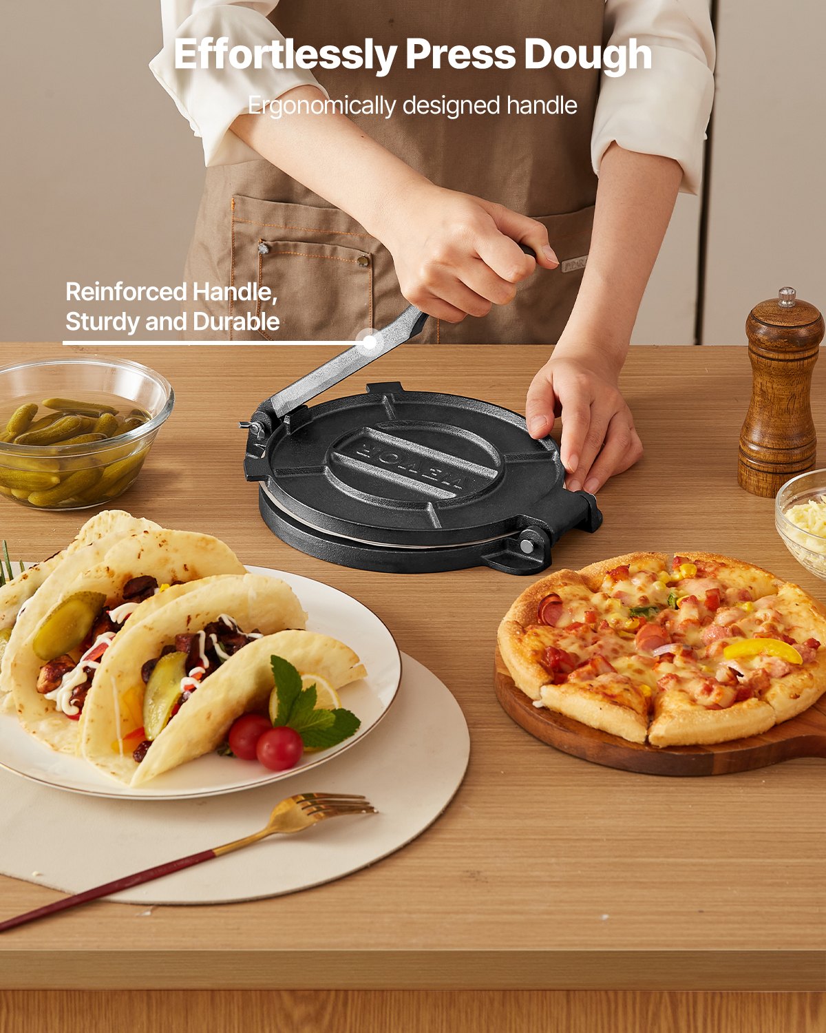 VEVOR Tortilla Press, 10 Inch Cast Iron Tortilla and Roti Maker, Heavy Duty Tortilladora Press, Pataconera Makers with Handle and 100 Pcs Parchment Paper, Dough Taco Press for Flour Tortilla, Tawa