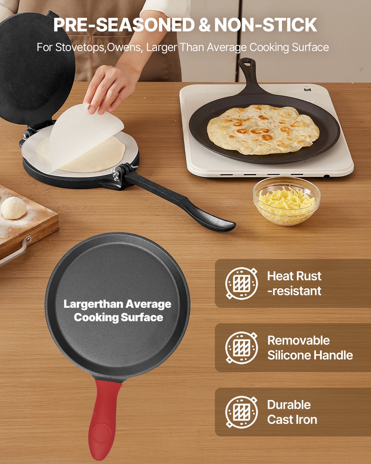VEVOR Tortilla Press, 10 Inch Cast Iron Tortilla and Roti Maker, Heavy Duty Tortilladora Press, Pataconera Makers with Handle and 100 Pcs Parchment Paper, Dough Taco Press for Flour Tortilla, Tawa
