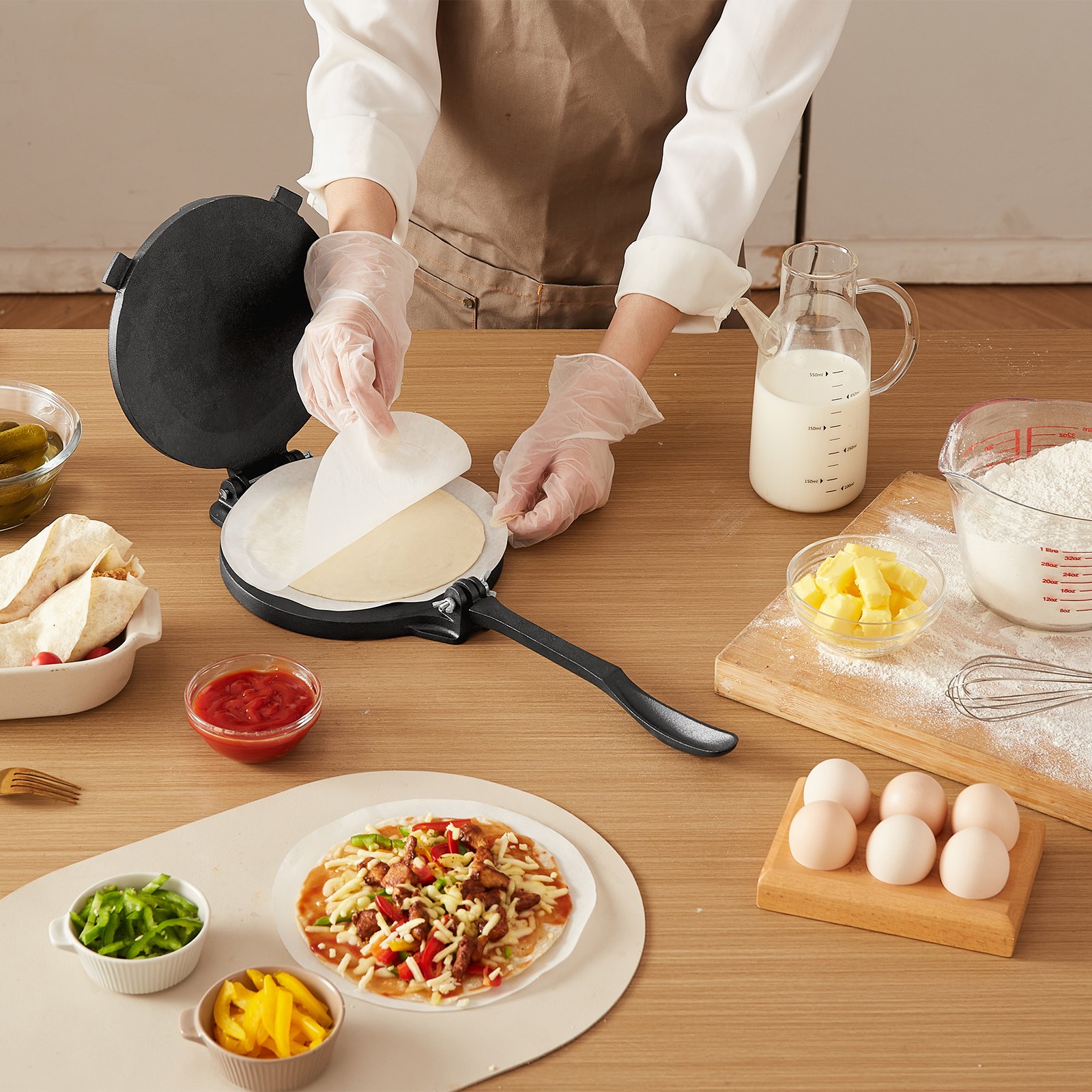VEVOR Tortilla Press, 10 Inch Cast Iron Tortilla and Roti Maker, Heavy Duty Tortilladora Press, Pataconera Makers with Handle and 100 Pcs Parchment Paper, Dough Taco Press for Flour Tortilla, Tawa