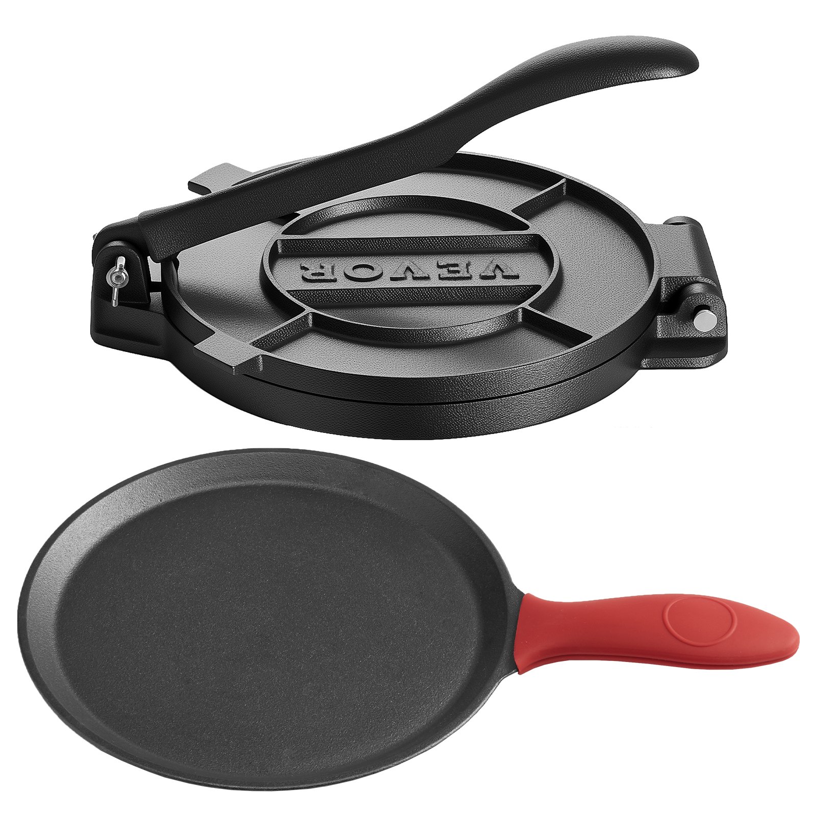 VEVOR Tortilla Press, 10 Inch Cast Iron Tortilla and Roti Maker, Heavy Duty Tortilladora Press, Pataconera Makers with Handle and 100 Pcs Parchment Paper, Dough Taco Press for Flour Tortilla, Tawa