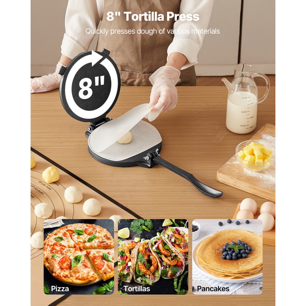 VEVOR Tortilla Press, 8 Inch Cast Iron Tortilla and Roti Maker, Heavy Duty Tortilladora Press, Pataconera Makers with Handle and 100 Pcs Parchment Paper, Dough Taco Press for Flour Tortilla, Tawa