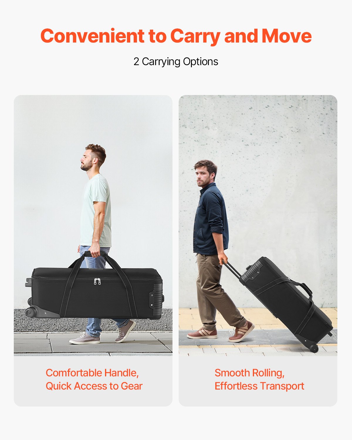 VEVOR Studio Equipment Trolley Case, 35.83 x 11.81 x 14 in / 91 x 30 x 35.5 cm, Rolling Camera Bag, Carrying Bag with Wheels Straps Padded Compartment Handle, for Light Stands, Tripods, Telescopes