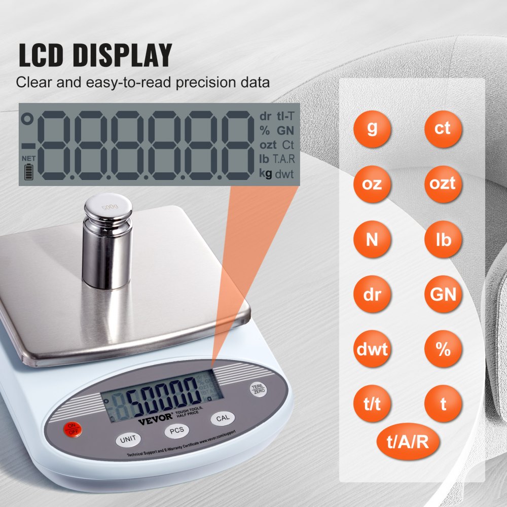 VEVOR Analytical Balance, 2000g x 0.01g Accuracy High Precision Lab Scale, 13 Units Conversion Electronic Scientific Laboratory Scale, LCD Display Digital Jewelry Weighing Scale for Lab, Jewelry