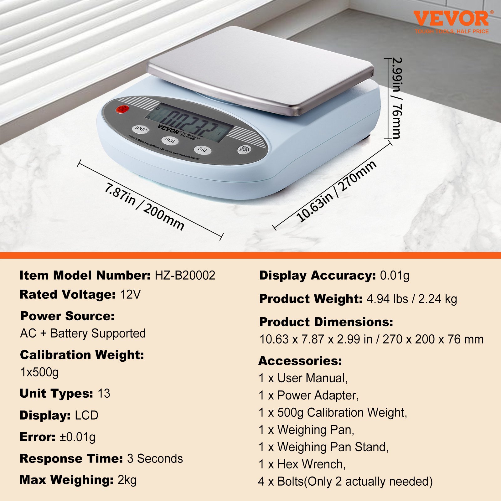 VEVOR Analytical Balance, 2000g x 0.01g Accuracy High Precision Lab Scale, 13 Units Conversion Electronic Scientific Laboratory Scale, LCD Display Digital Jewelry Weighing Scale for Lab, Jewelry