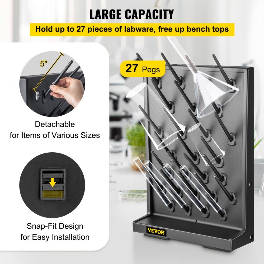 VEVOR Drying Rack for Lab Glassware Rack PP Material Glassware Drying Rack Wall-Mount/Free-Standing Detachable Pegs Lab Glass Drying Rack Black Cleaning Frame for School Laboratory Utensil (27 Pegs)
