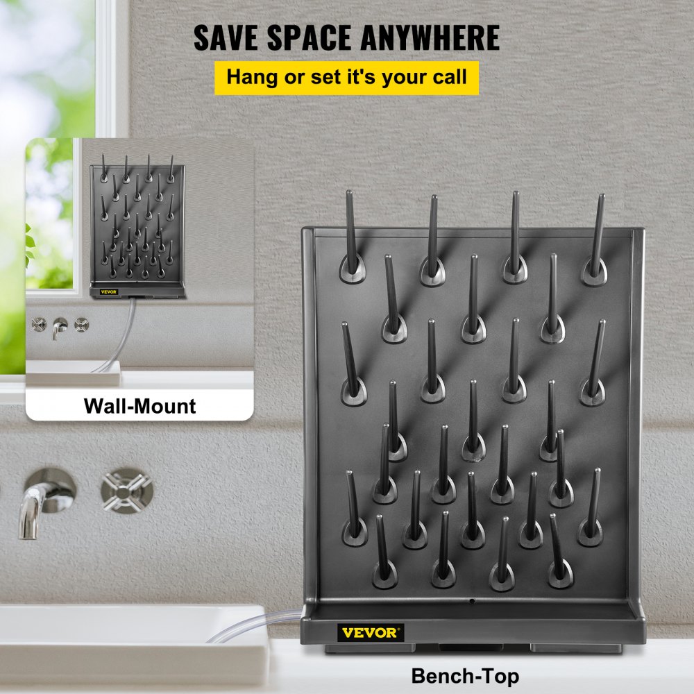 VEVOR Drying Rack for Lab Glassware Rack PP Material Glassware Drying Rack Wall-Mount/Free-Standing Detachable Pegs Lab Glass Drying Rack Black Cleaning Frame for School Laboratory Utensil (27 Pegs)