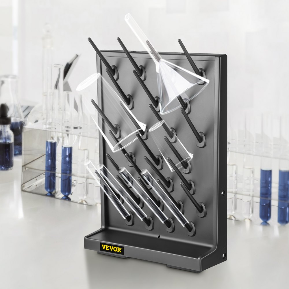 VEVOR Drying Rack for Lab Glassware Rack PP Material Glassware Drying Rack Wall-Mount/Free-Standing Detachable Pegs Lab Glass Drying Rack Black Cleaning Frame for School Laboratory Utensil (27 Pegs)