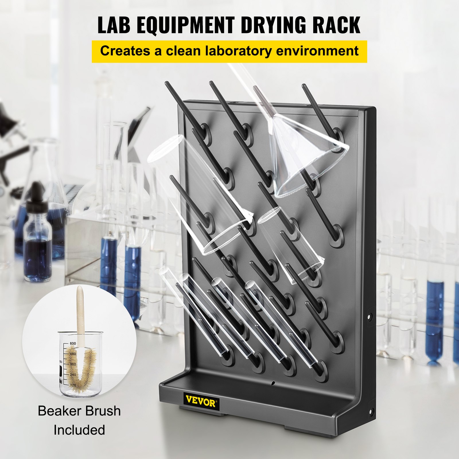 VEVOR Drying Rack for Lab Glassware Rack PP Material Glassware Drying Rack Wall-Mount/Free-Standing Detachable Pegs Lab Glass Drying Rack Black Cleaning Frame for School Laboratory Utensil (27 Pegs)