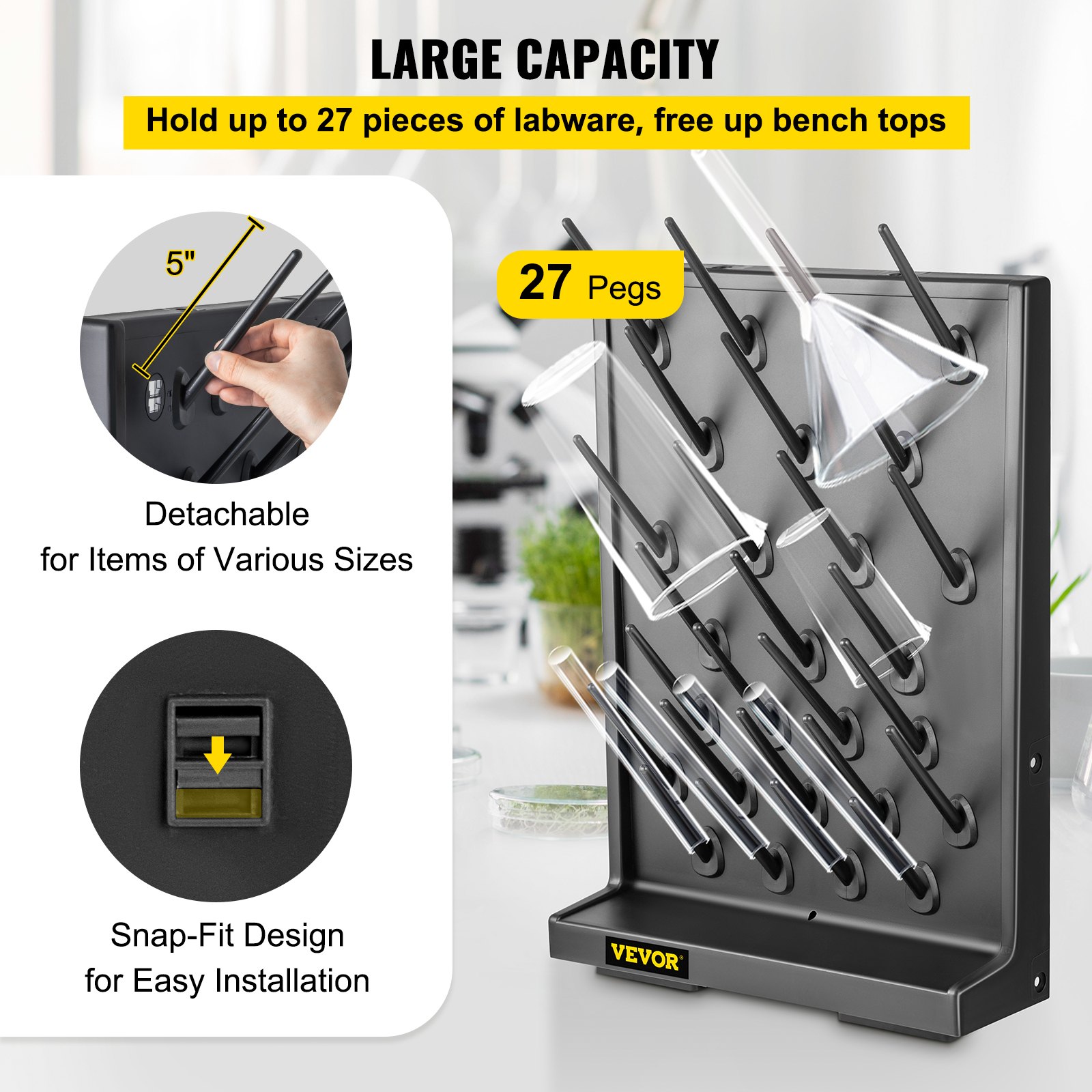 VEVOR Drying Rack for Lab Glassware Rack PP Material Glassware Drying Rack Wall-Mount/Free-Standing Detachable Pegs Lab Glass Drying Rack Black Cleaning Frame for School Laboratory Utensil (27 Pegs)
