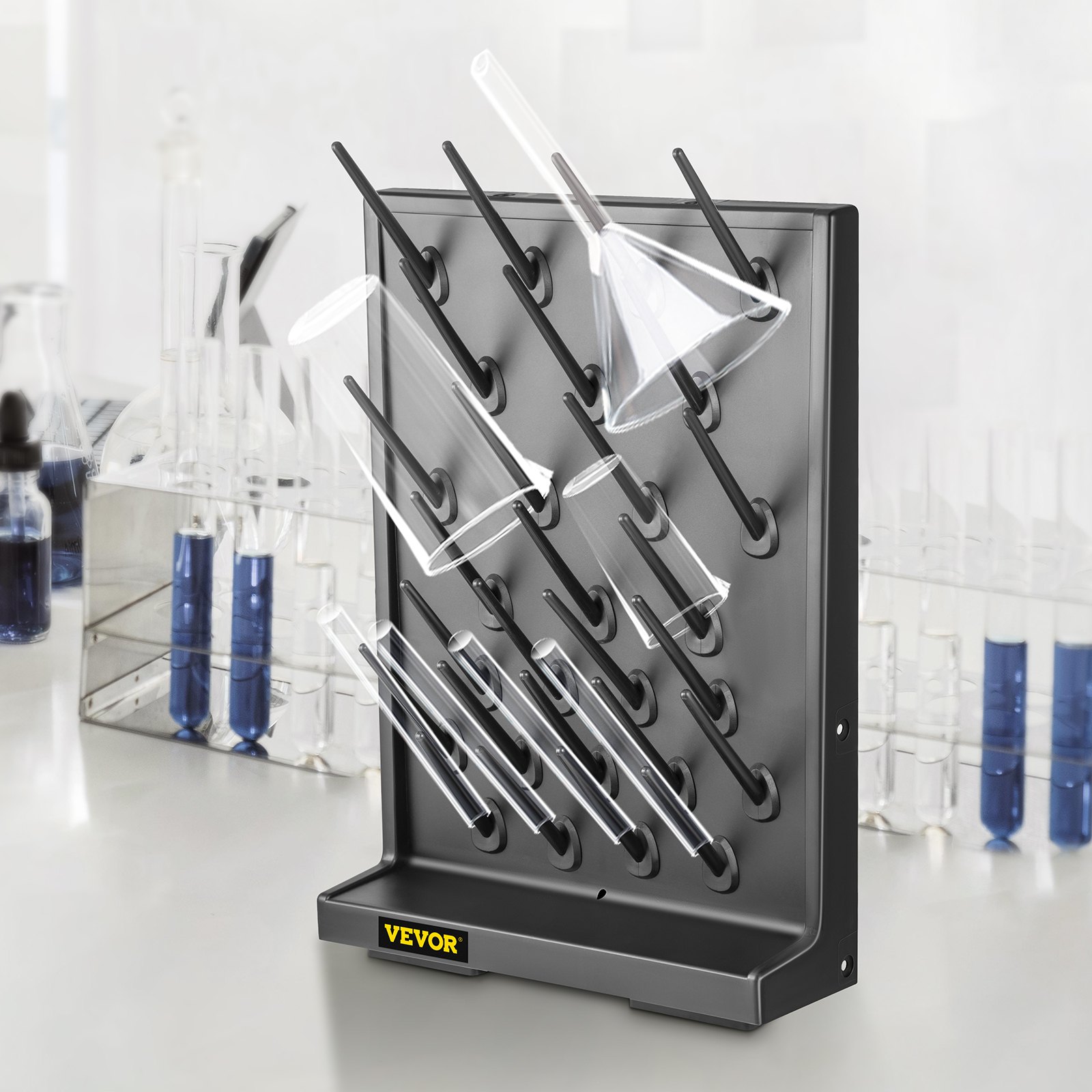 VEVOR Drying Rack for Lab Glassware Rack PP Material Glassware Drying Rack Wall-Mount/Free-Standing Detachable Pegs Lab Glass Drying Rack Black Cleaning Frame for School Laboratory Utensil (27 Pegs)