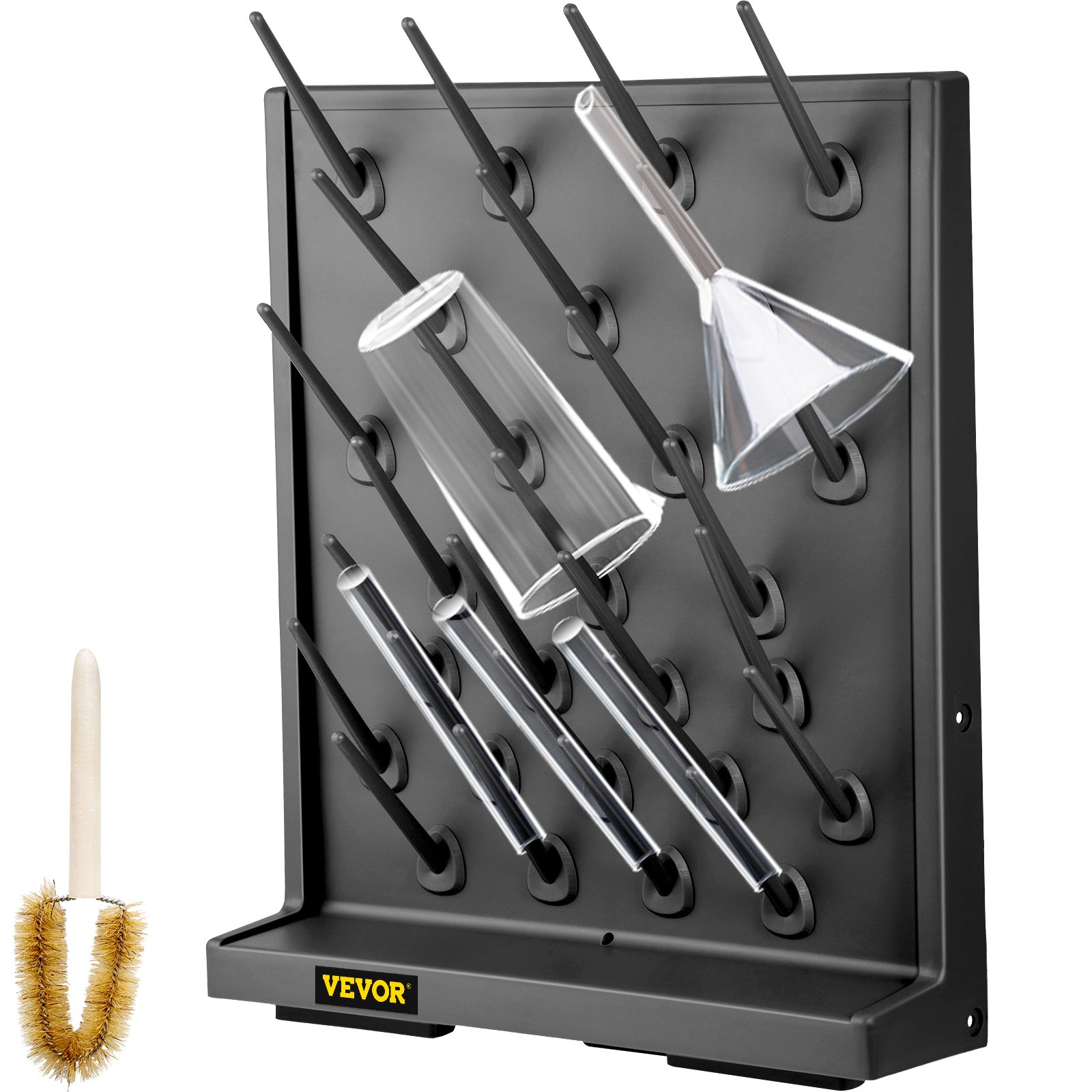 VEVOR Drying Rack for Lab Glassware Rack PP Material Glassware Drying Rack Wall-Mount/Free-Standing Detachable Pegs Lab Glass Drying Rack Black Cleaning Frame for School Laboratory Utensil (27 Pegs)