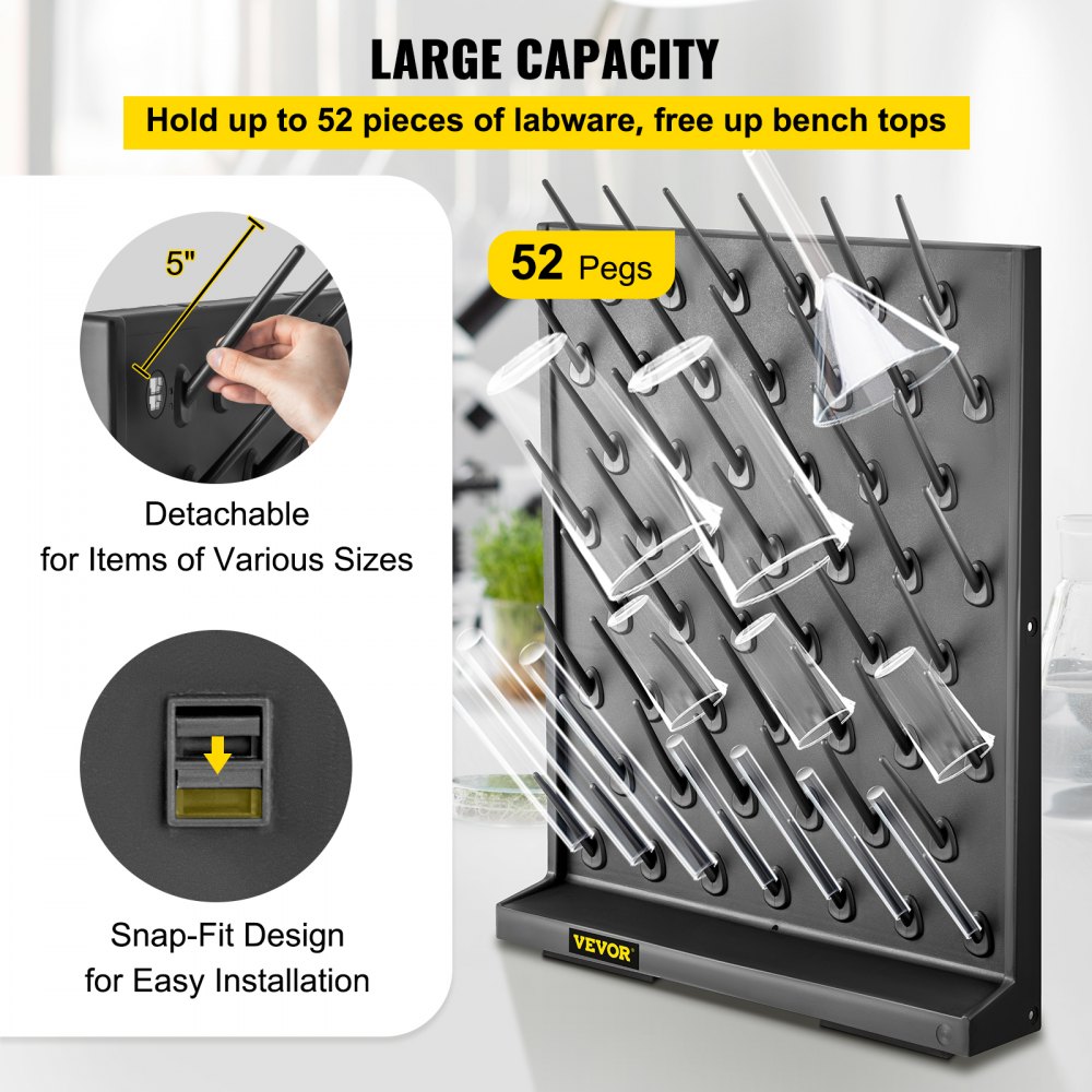 VEVOR Lab Drying Rack Wall Mount 52 Pillars Draining Rack Glassware Detachable