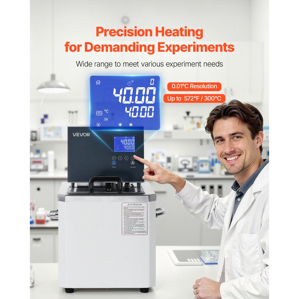 VEVOR Laboratory High-Temperature Circulating Oil Bath, Up to 300℃/572℉, 10 L Lab Constant Temperature Heating Tank, 0.1℃ High Precision, Internal and External Dual Circulation, for Laboratory