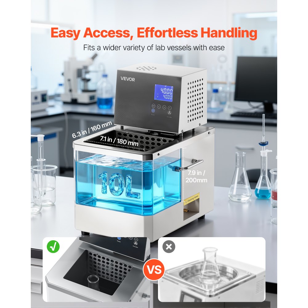 VEVOR Laboratory High-Temperature Circulating Oil Bath, Up to 300℃/572℉, 10 L Lab Constant Temperature Heating Tank, 0.1℃ High Precision, Internal and External Dual Circulation, for Laboratory
