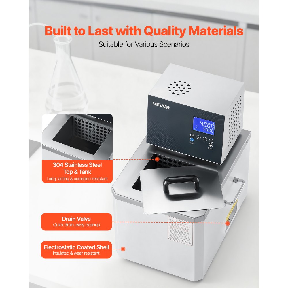 VEVOR Laboratory High-Temperature Circulating Oil Bath, Up to 300℃/572℉, 10 L Lab Constant Temperature Heating Tank, 0.1℃ High Precision, Internal and External Dual Circulation, for Laboratory