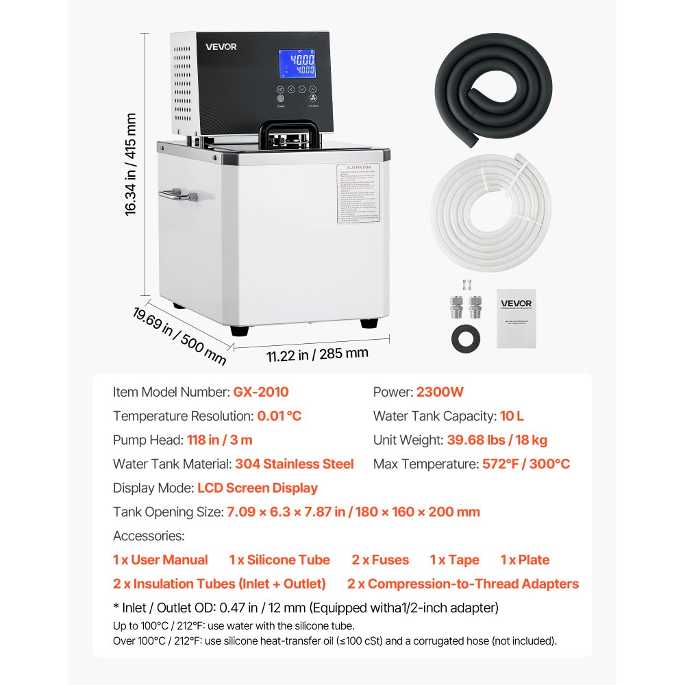 VEVOR Laboratory High-Temperature Circulating Oil Bath, Up to 300℃/572℉, 10 L Lab Constant Temperature Heating Tank, 0.1℃ High Precision, Internal and External Dual Circulation, for Laboratory