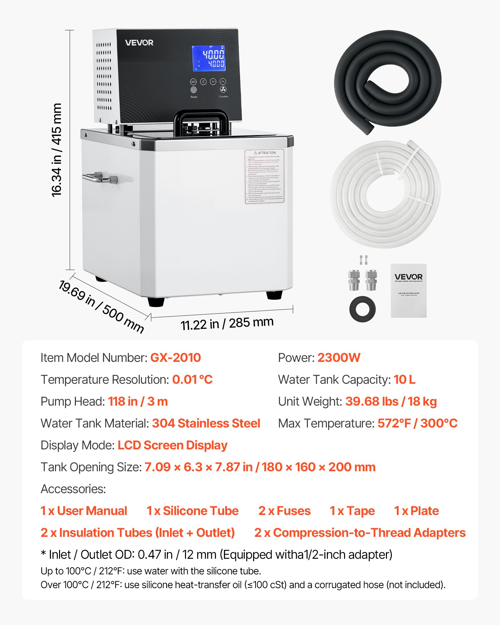 VEVOR Laboratory High-Temperature Circulating Oil Bath, Up to 300℃/572℉, 10 L Lab Constant Temperature Heating Tank, 0.1℃ High Precision, Internal and External Dual Circulation, for Laboratory