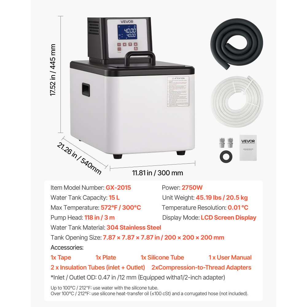 VEVOR Laboratory High-Temperature Circulating Oil Bath, Up to 300℃/572℉, 15 L Lab Constant Temperature Heating Tank, 0.1℃ High Precision, Internal and External Dual Circulation, for Laboratory