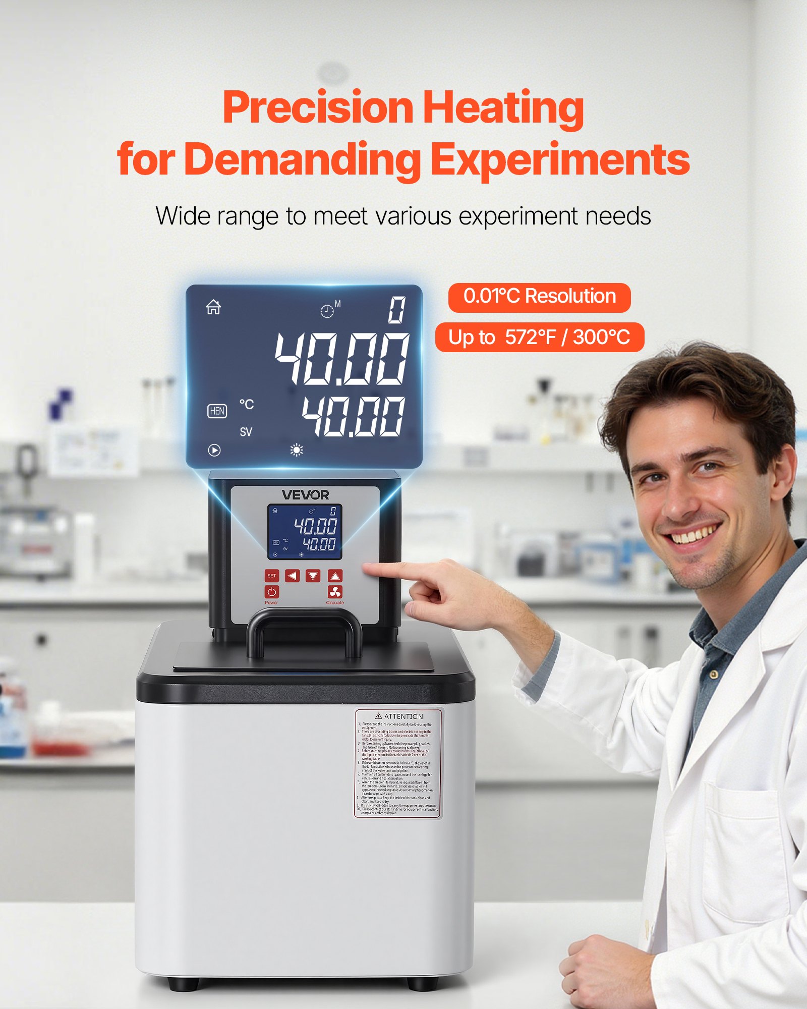 VEVOR Laboratory High-Temperature Circulating Oil Bath, Up to 300℃/572℉, 15 L Lab Constant Temperature Heating Tank, 0.1℃ High Precision, Internal and External Dual Circulation, for Laboratory