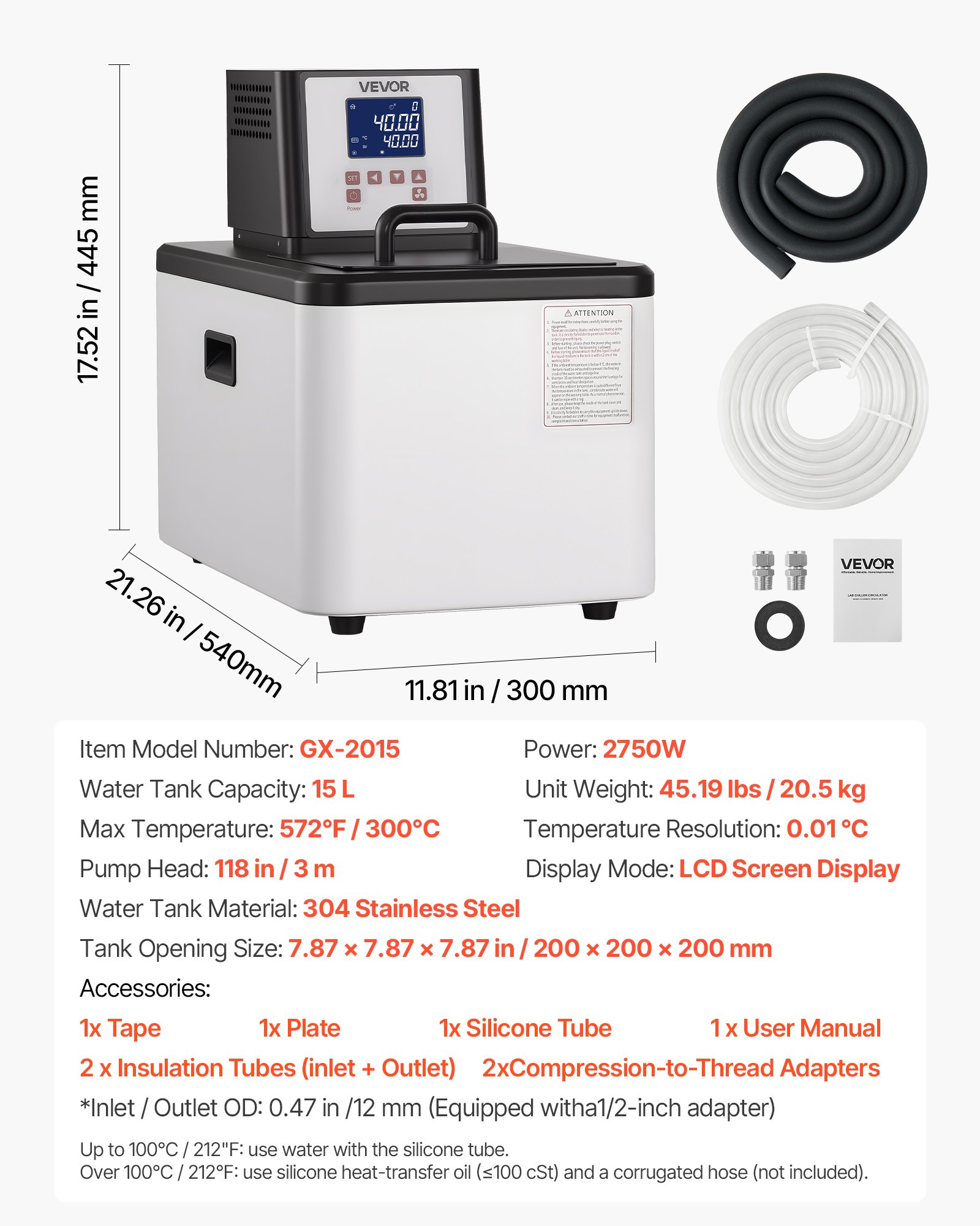 VEVOR Laboratory High-Temperature Circulating Oil Bath, Up to 300℃/572℉, 15 L Lab Constant Temperature Heating Tank, 0.1℃ High Precision, Internal and External Dual Circulation, for Laboratory