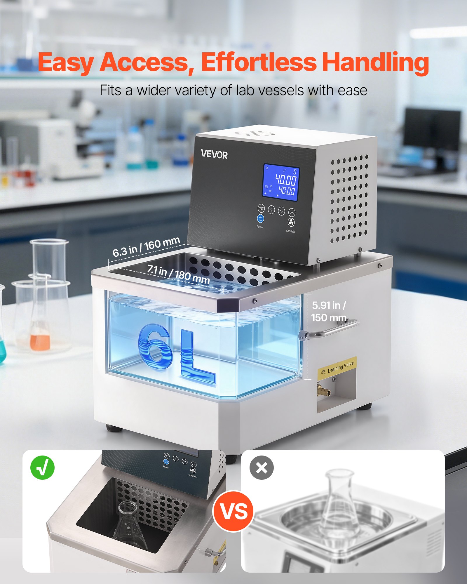 VEVOR Laboratory High-Temperature Circulating Oil Bath, Up to 100℃/212℉, 6 L Lab Constant Temperature Heating Tank, 0.05℃ High Precision, Internal and External Dual Circulation, for Laboratory