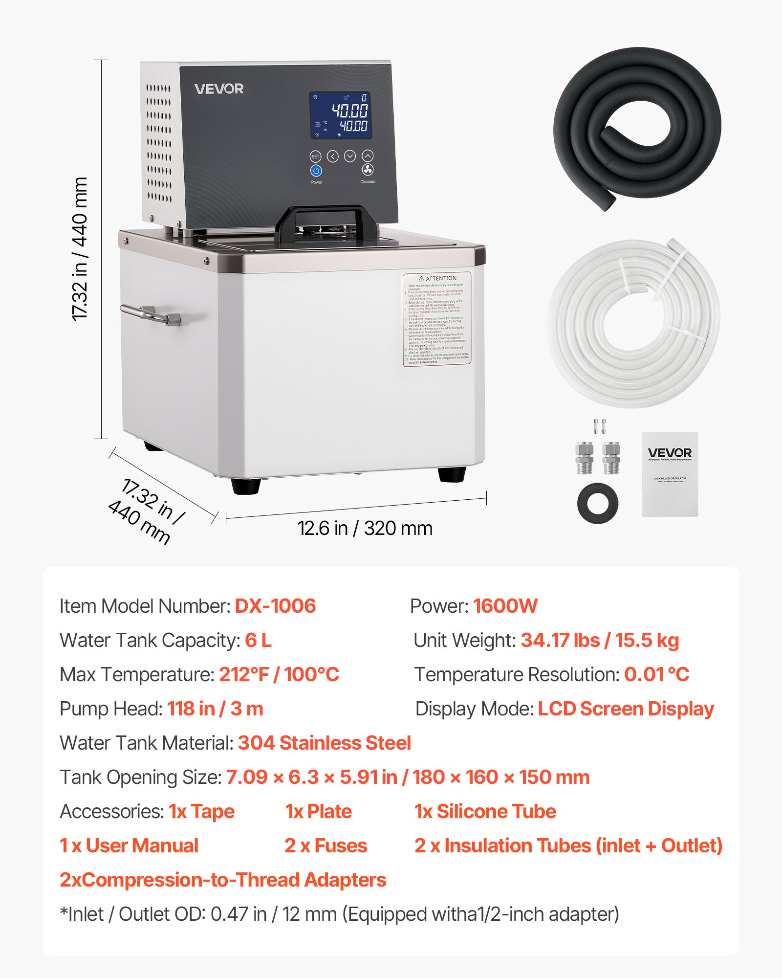 VEVOR Laboratory High-Temperature Circulating Oil Bath, Up to 100℃/212℉, 6 L Lab Constant Temperature Heating Tank, 0.05℃ High Precision, Internal and External Dual Circulation, for Laboratory