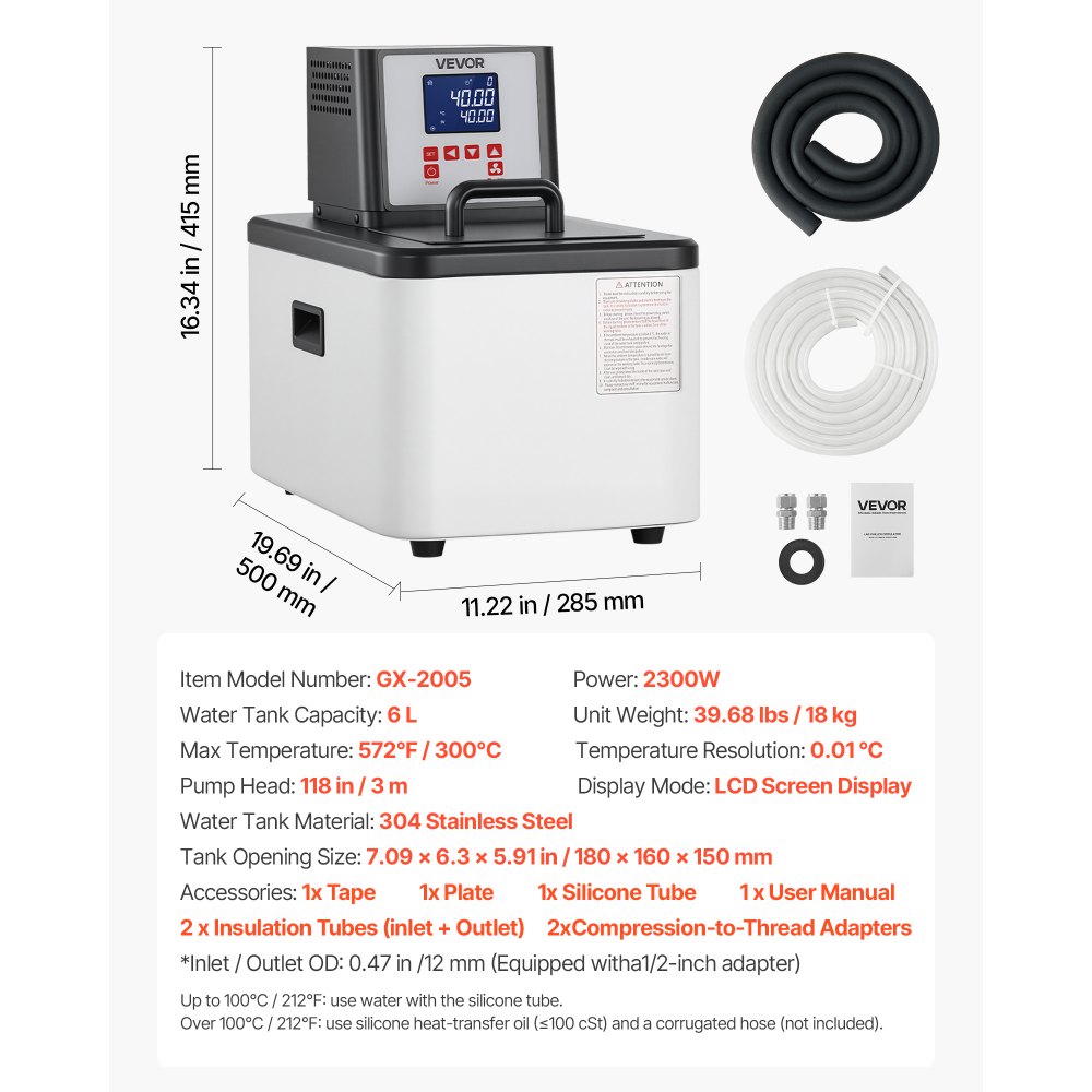 VEVOR Laboratory High-Temperature Circulating Oil Bath, Up to 300℃/572℉, 6 L Lab Constant Temperature Heating Tank, 0.1℃ High Precision, Internal and External Dual Circulation, for Laboratory