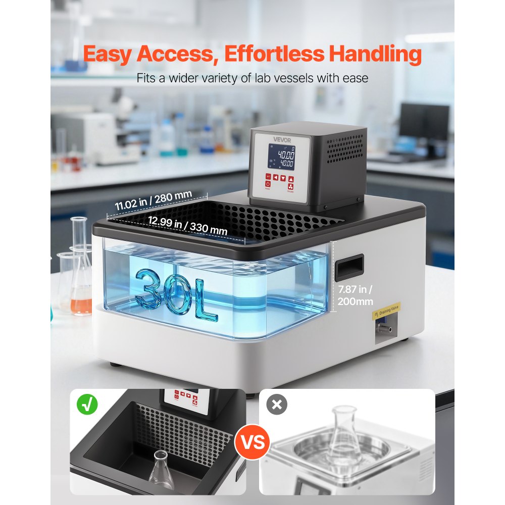 VEVOR Laboratory High-Temperature Circulating Oil Bath, Up to 300℃/572℉, 30 L Lab Constant Temperature Heating Tank, 0.1℃ High Precision, Internal and External Dual Circulation, for Laboratory