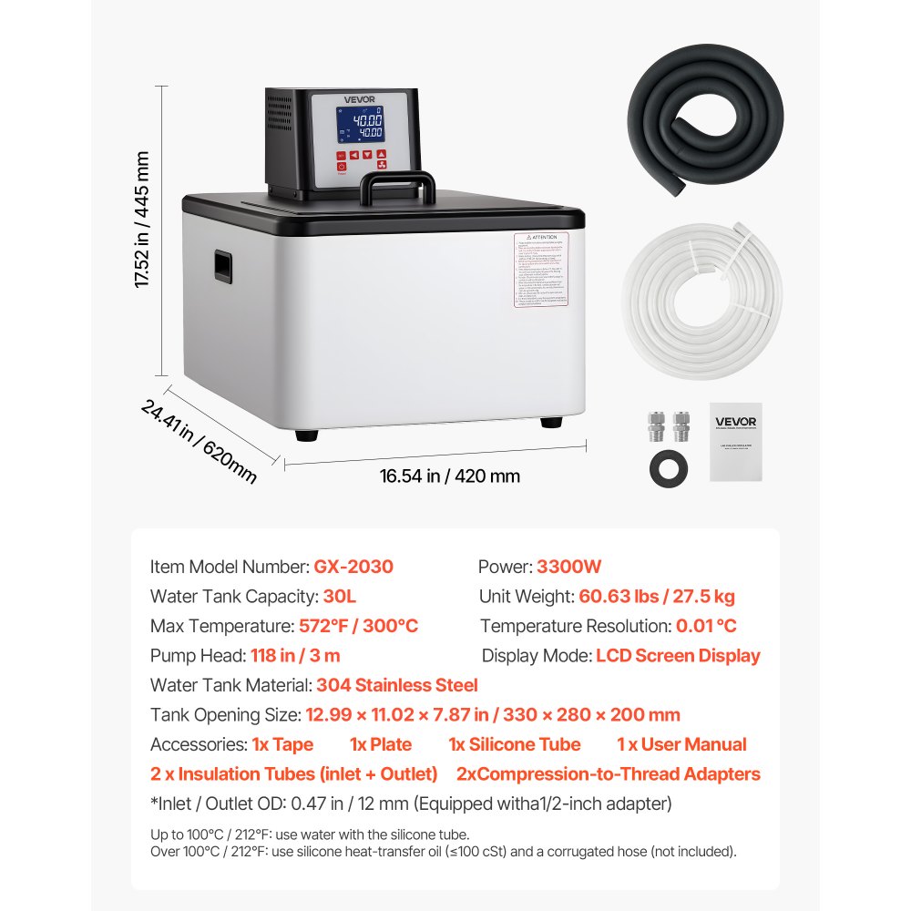 VEVOR Laboratory High-Temperature Circulating Oil Bath, Up to 300℃/572℉, 30 L Lab Constant Temperature Heating Tank, 0.1℃ High Precision, Internal and External Dual Circulation, for Laboratory