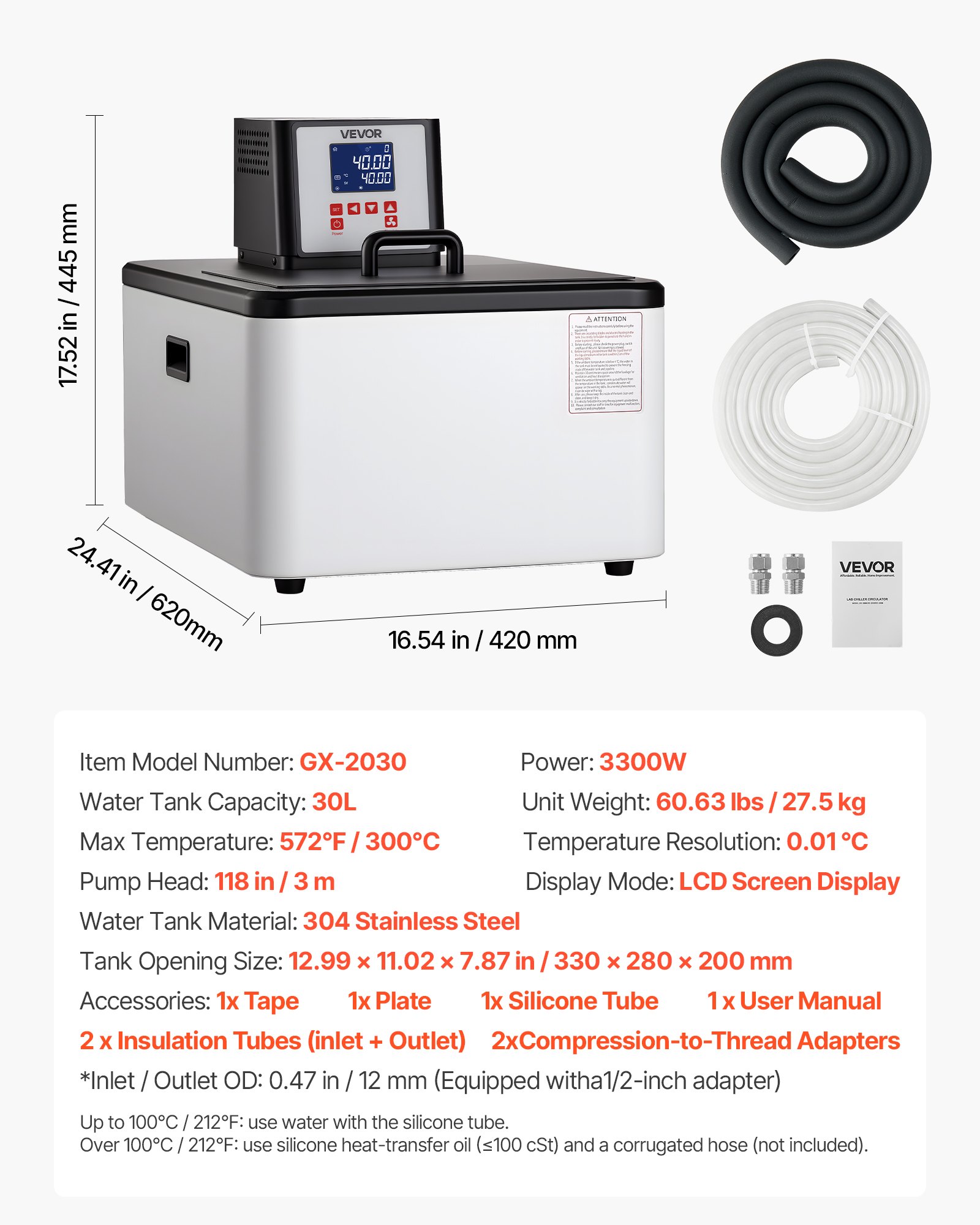 VEVOR Laboratory High-Temperature Circulating Oil Bath, Up to 300℃/572℉, 30 L Lab Constant Temperature Heating Tank, 0.1℃ High Precision, Internal and External Dual Circulation, for Laboratory