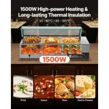 VEVOR Commercial Food Warmer 3-Pan 1500W Buffet Bain Marie with Glass Cover