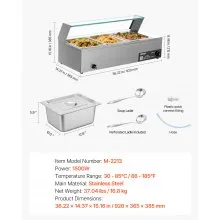 VEVOR Commercial Food Warmer 3-Pan 1500W Buffet Bain Marie with Glass Cover
