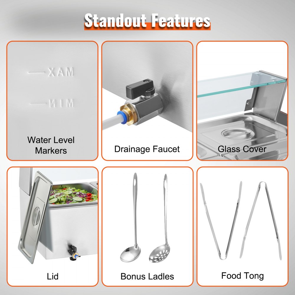 VEVOR 3-Pan Commercial Food Warmer, 3 x 8QT Electric Steam Table with Glass Cover, 1500W Countertop Stainless Steel Buffet Bain Marie 30 - 85℃ Temp Control for Catering, Restaurants, Silver