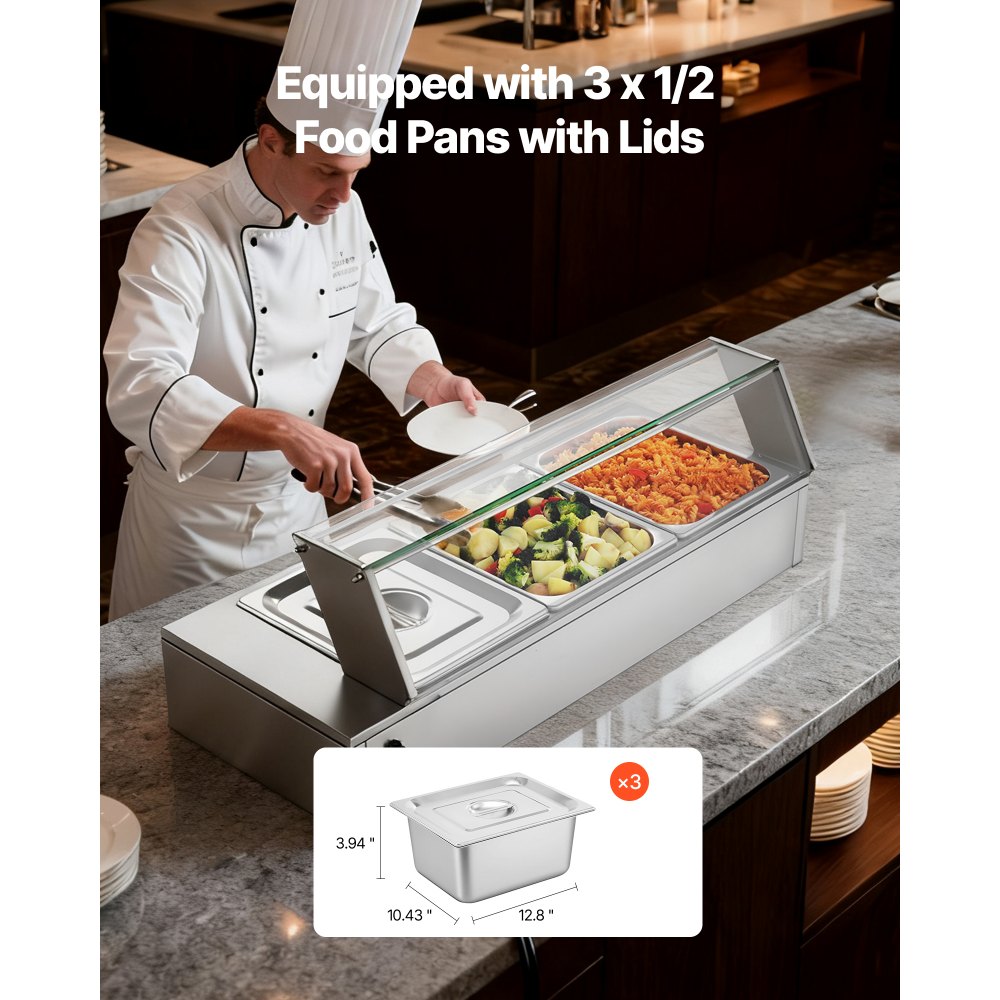VEVOR Commercial Food Warmer, 1500W Electric Stainless Steel Steam Food Warmer with Glass Cover, Countertop Buffet Bain Marie with Three 1/2 Size Food Pans, for Catering, Restaurant, Party & Buffets