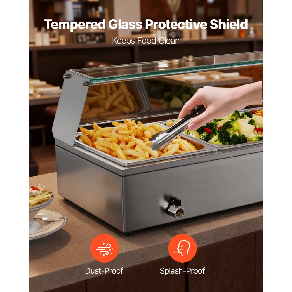 VEVOR Commercial Food Warmer, 1500W Electric Stainless Steel Steam Food Warmer with Glass Cover, Countertop Buffet Bain Marie with Three 1/2 Size Food Pans, for Catering, Restaurant, Party & Buffets
