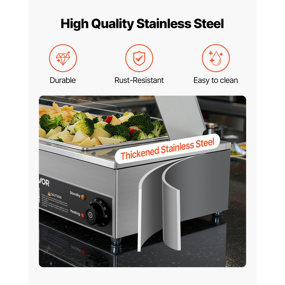 VEVOR Commercial Food Warmer, 1500W Electric Stainless Steel Steam Food Warmer with Glass Cover, Countertop Buffet Bain Marie with Three 1/2 Size Food Pans, for Catering, Restaurant, Party & Buffets