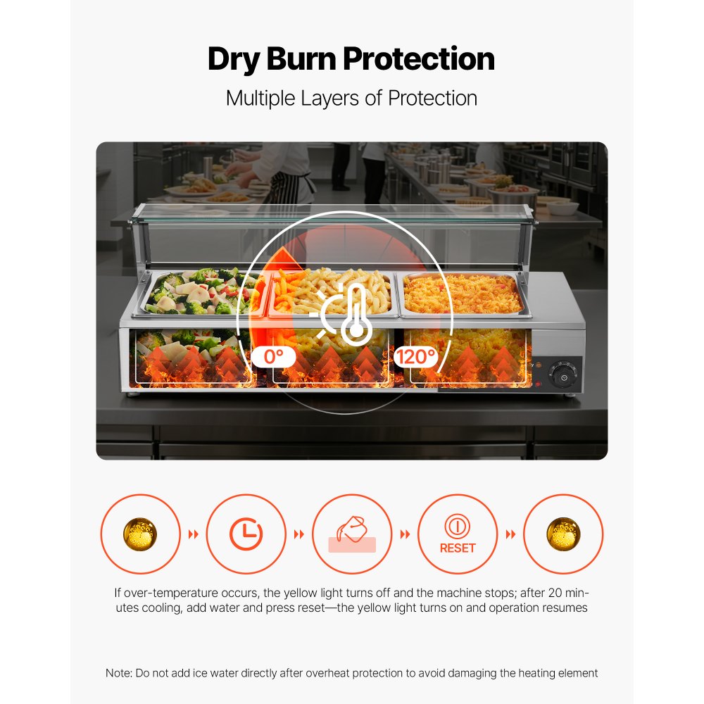 VEVOR Commercial Food Warmer, 1500W Electric Stainless Steel Steam Food Warmer with Glass Cover, Countertop Buffet Bain Marie with Three 1/2 Size Food Pans, for Catering, Restaurant, Party & Buffets